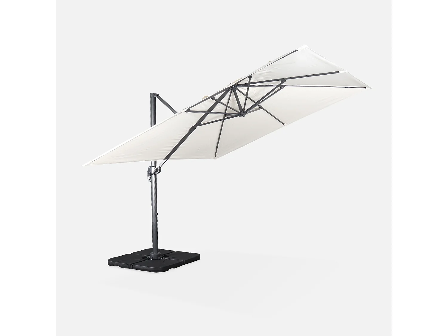 Parasol déporté carré 3x3m haut de gamme - Falgos - ecru- Parasol excentré inclinable. rabattable et rotatif à 360°.