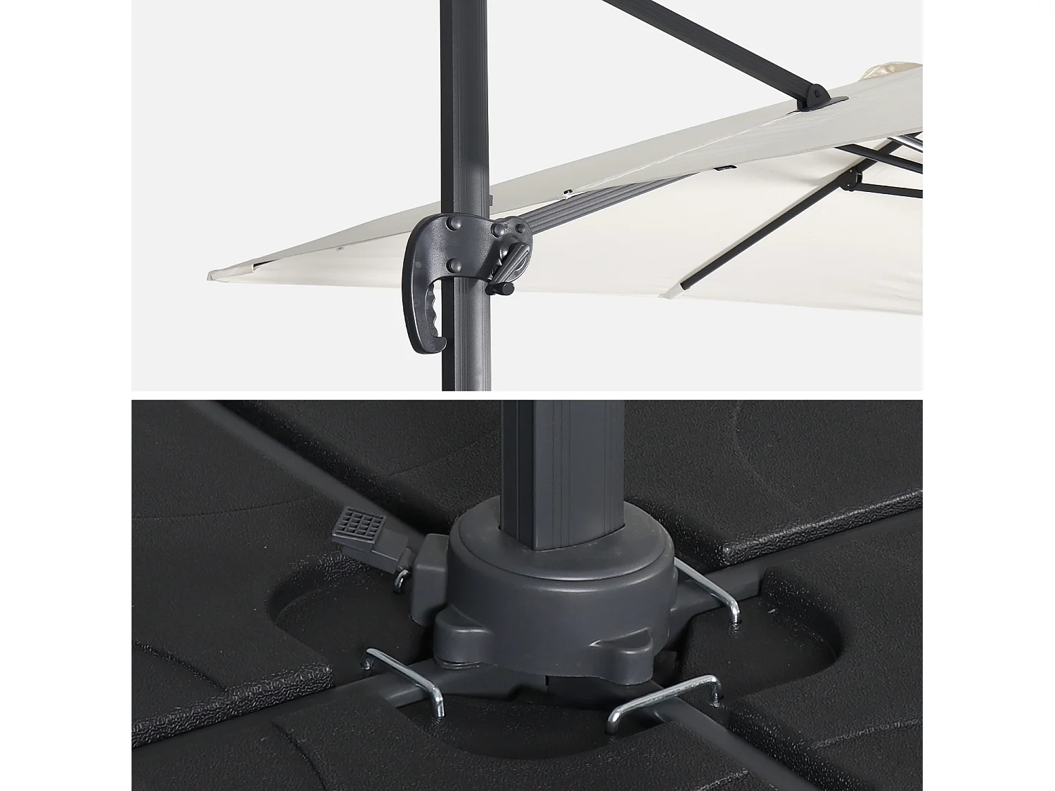 Parasol déporté carré 3x3m haut de gamme - Falgos - ecru- Parasol excentré inclinable. rabattable et rotatif à 360°.