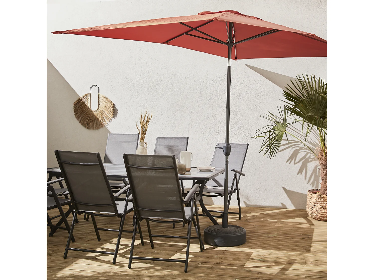 Parasol droit rectangulaire 2x3m - Touquet terracotta - mât central en aluminium orientable et manivelle d'ouverture