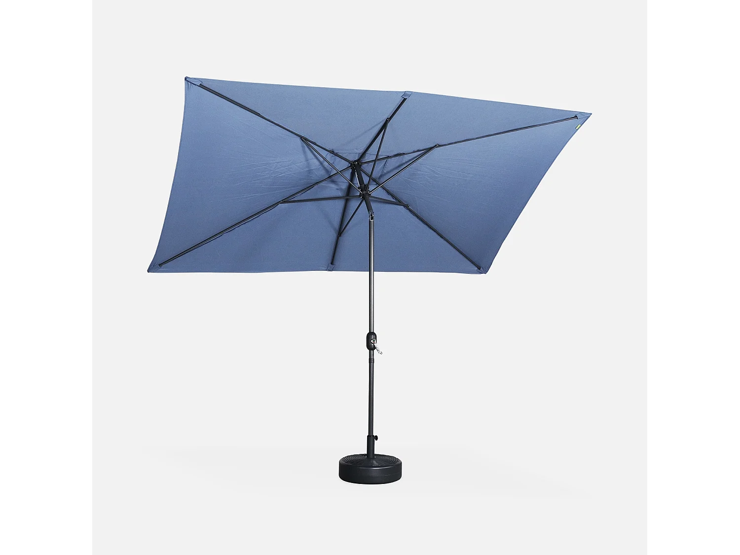 Parasol droit rectangulaire 2x3m - Touquet bleu grisé - mât central en aluminium orientable et manivelle d'ouverture