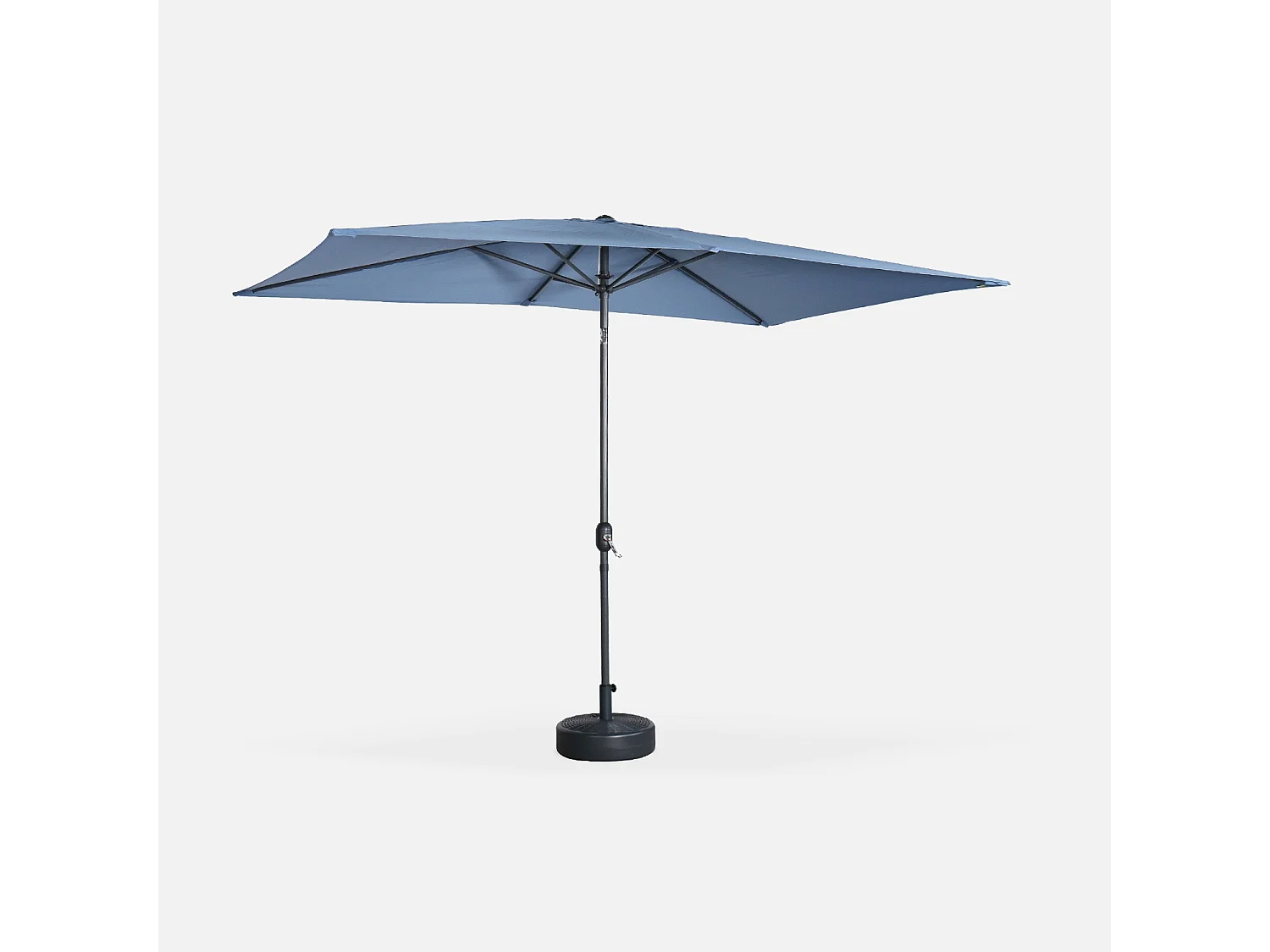 Parasol droit rectangulaire 2x3m - Touquet bleu grisé - mât central en aluminium orientable et manivelle d'ouverture