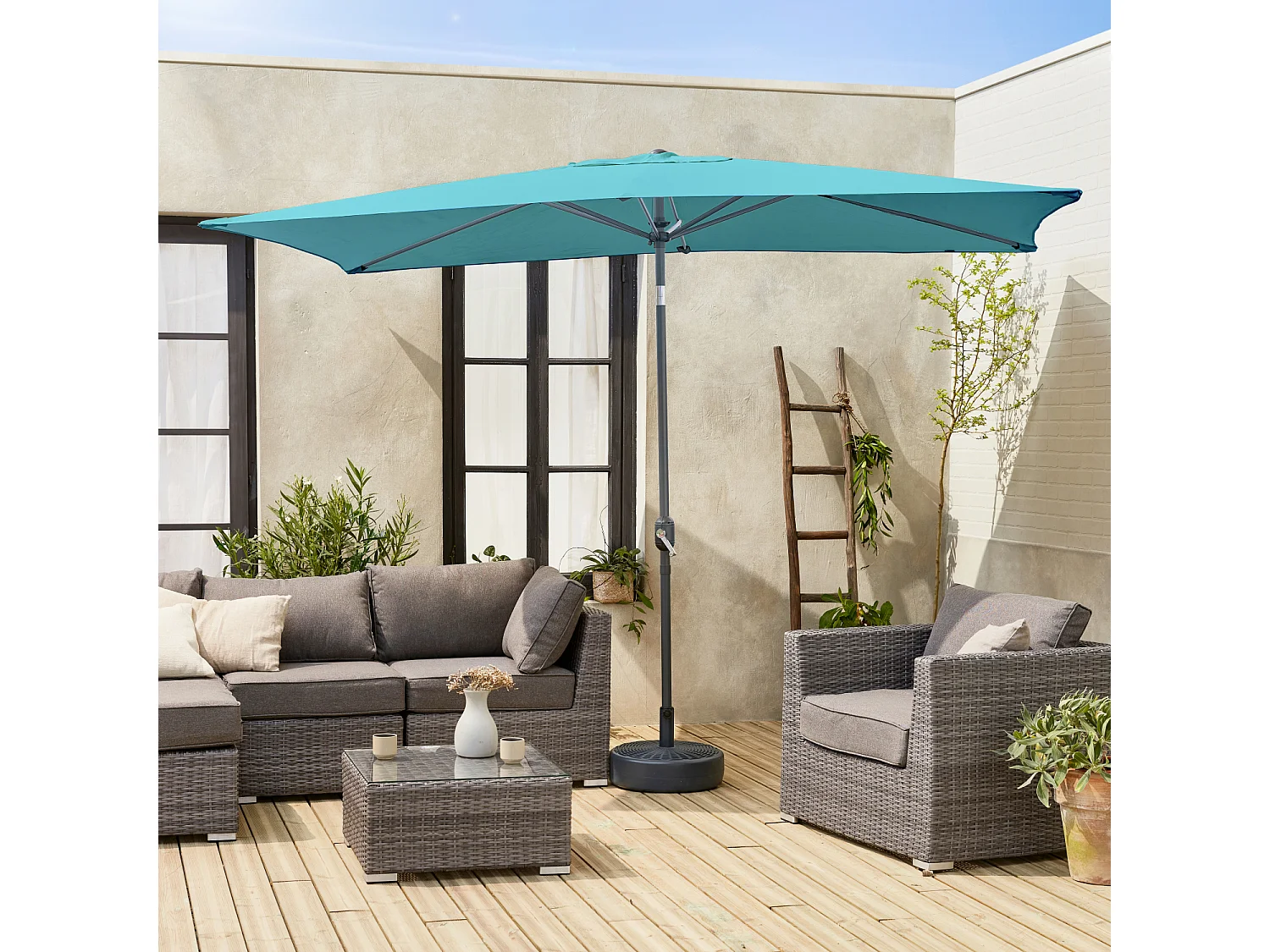 Parasol droit rectangulaire 2x3m - Touquet Turquoise - mât central en aluminium orientable et manivelle d'ouverture