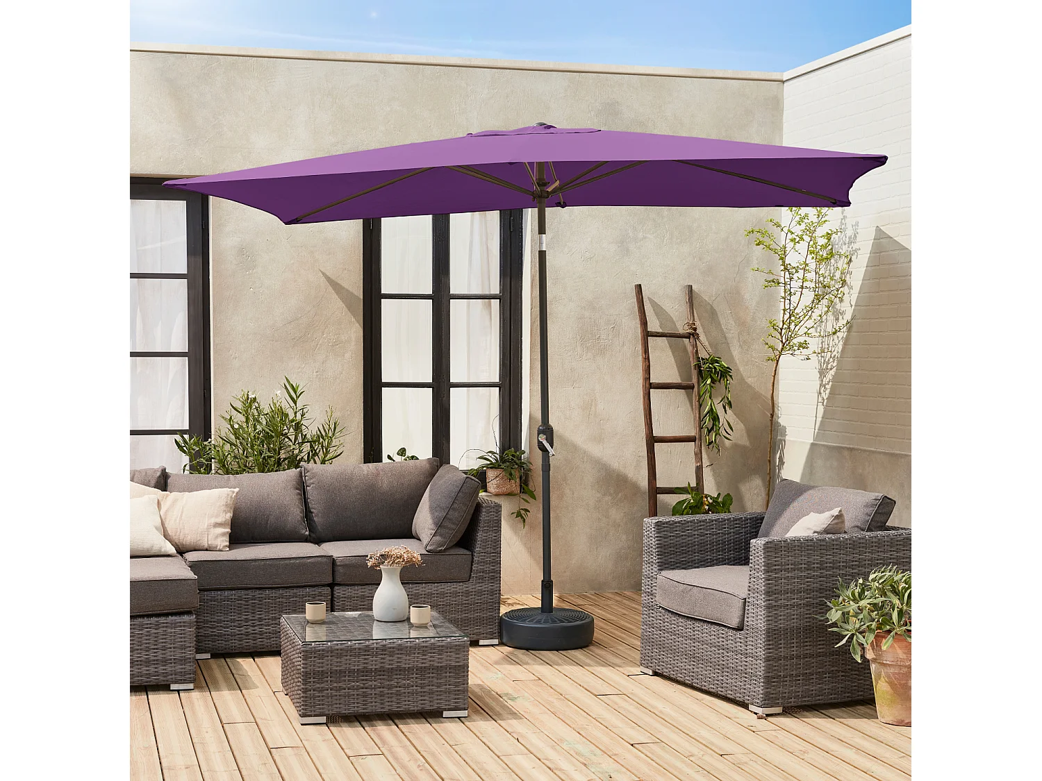 Parasol droit rectangulaire 2x3m - Touquet Prune - mât central en aluminium orientable et manivelle d'ouverture