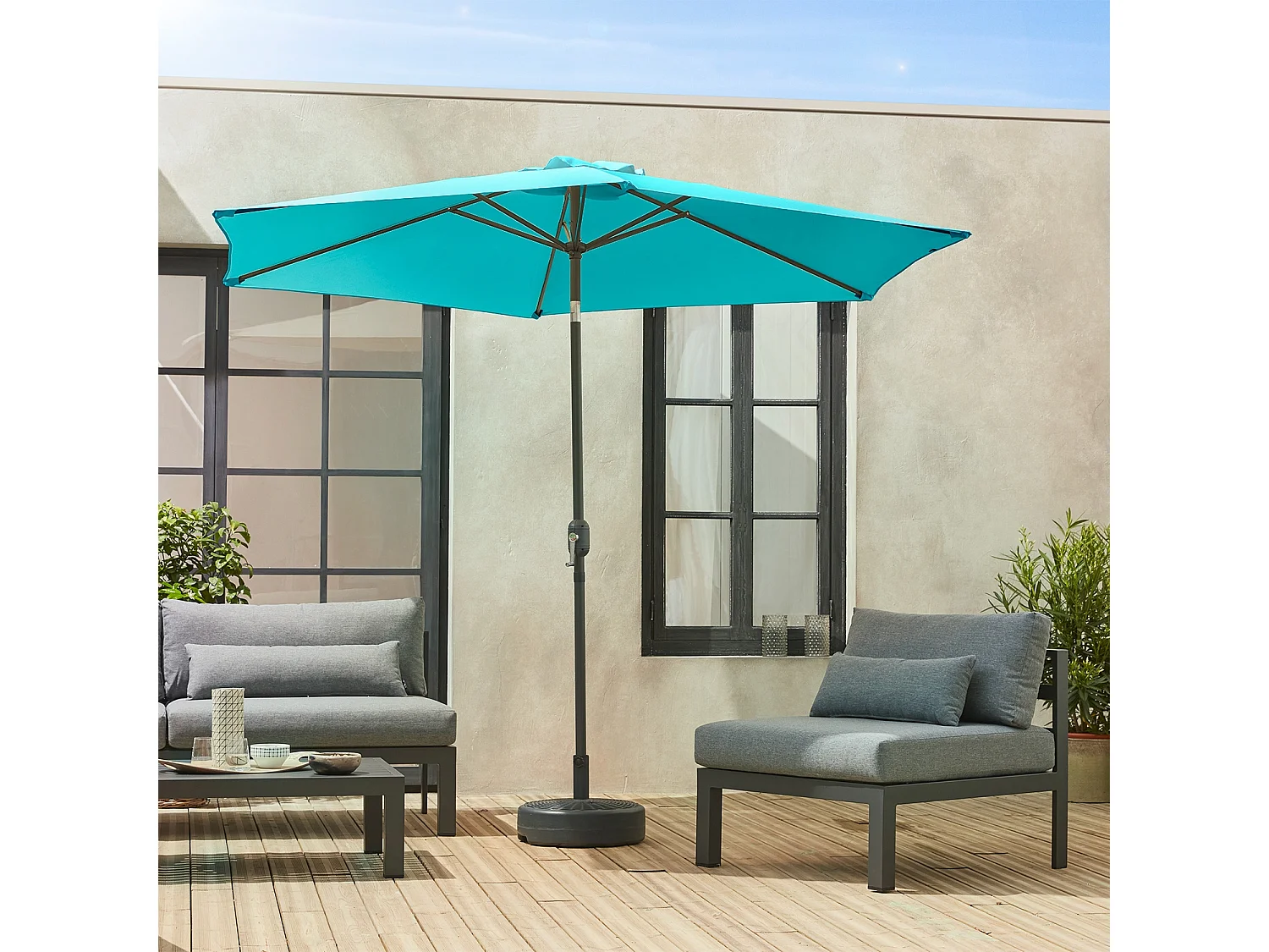 Parasol droit rond Ø300cm - Touquet Turquoise - mât central en aluminium orientable et manivelle d'ouverture