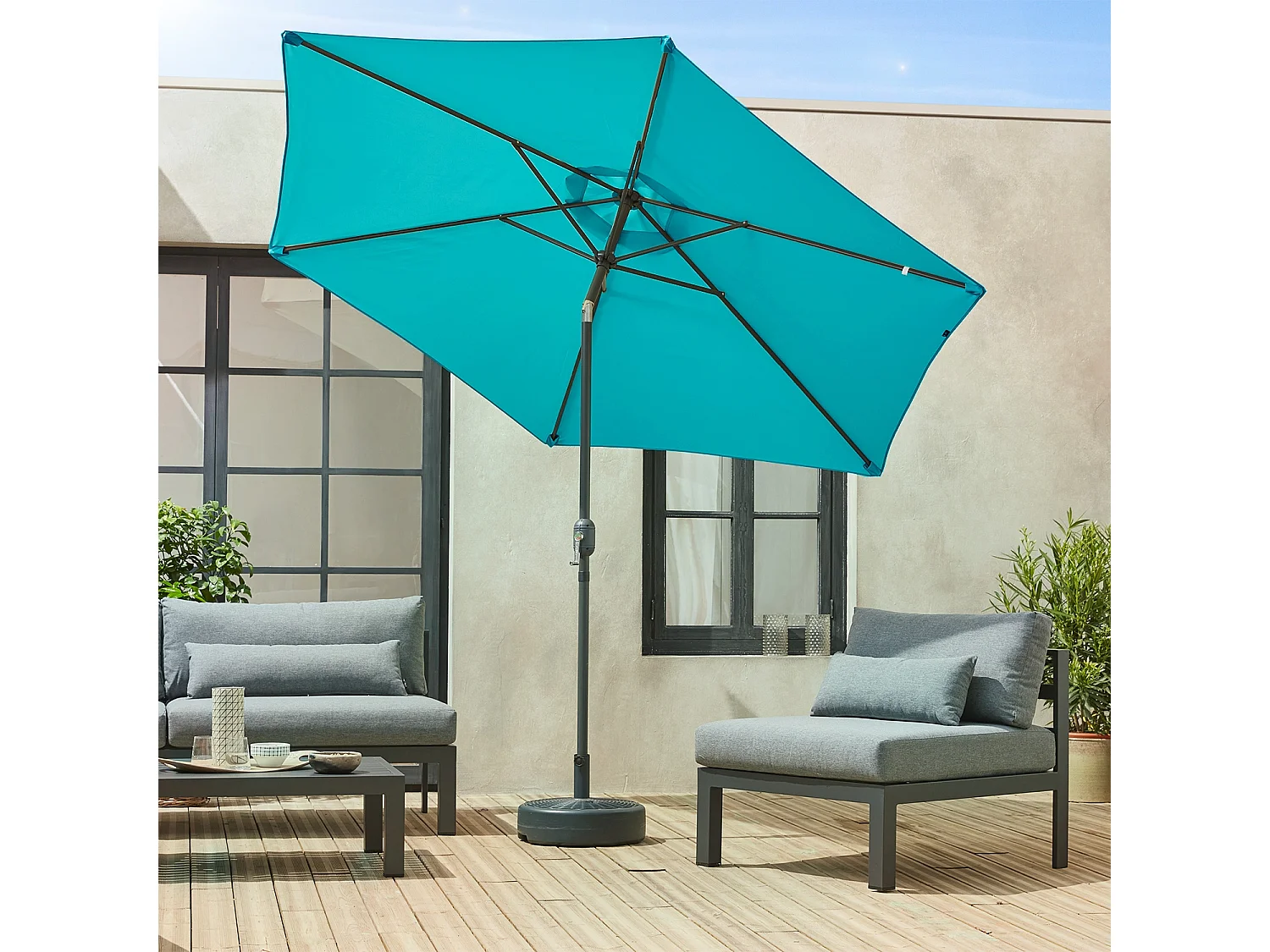 Parasol droit rond Ø300cm - Touquet Turquoise - mât central en aluminium orientable et manivelle d'ouverture