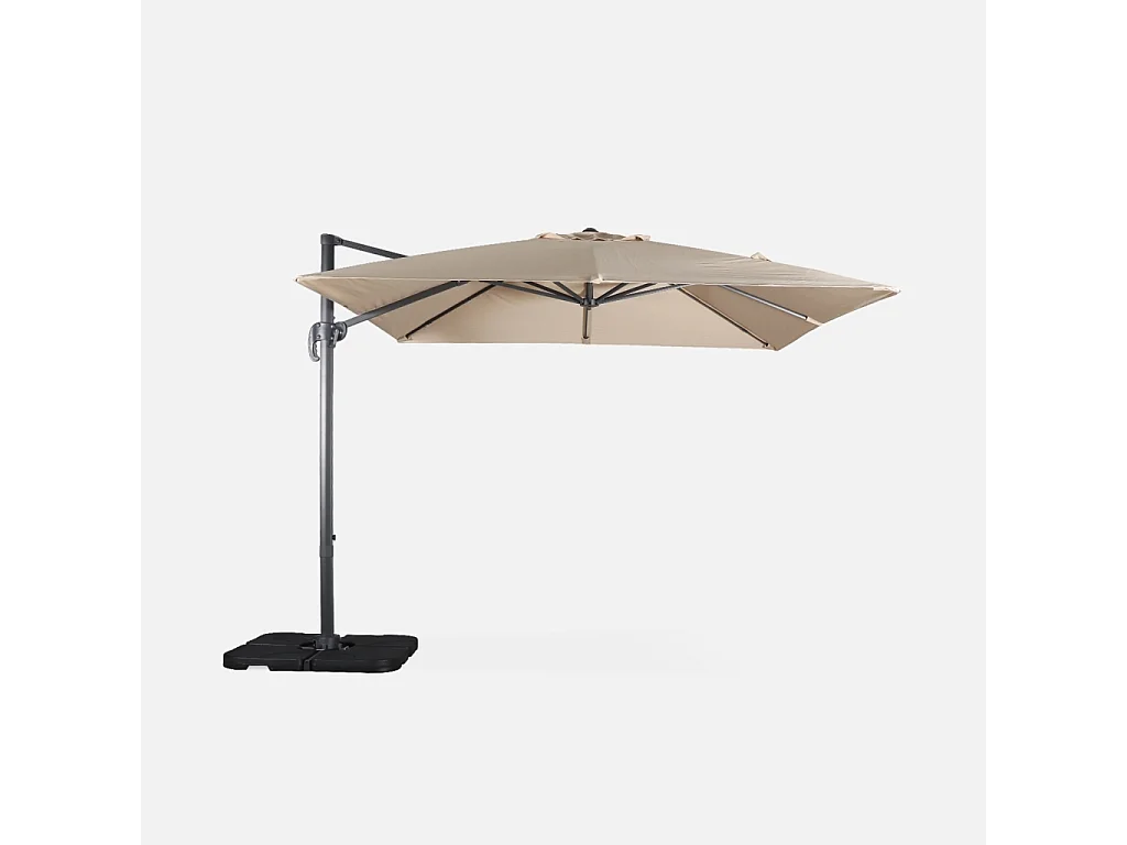 Parasol déporté carré 3x3m haut de gamme - Falgos - beige - Parasol excentré inclinable. rabattable et rotatif à 360°.