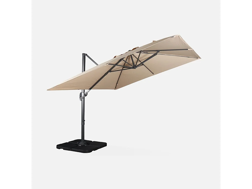 Parasol déporté carré 3x3m haut de gamme - Falgos - beige - Parasol excentré inclinable. rabattable et rotatif à 360°.