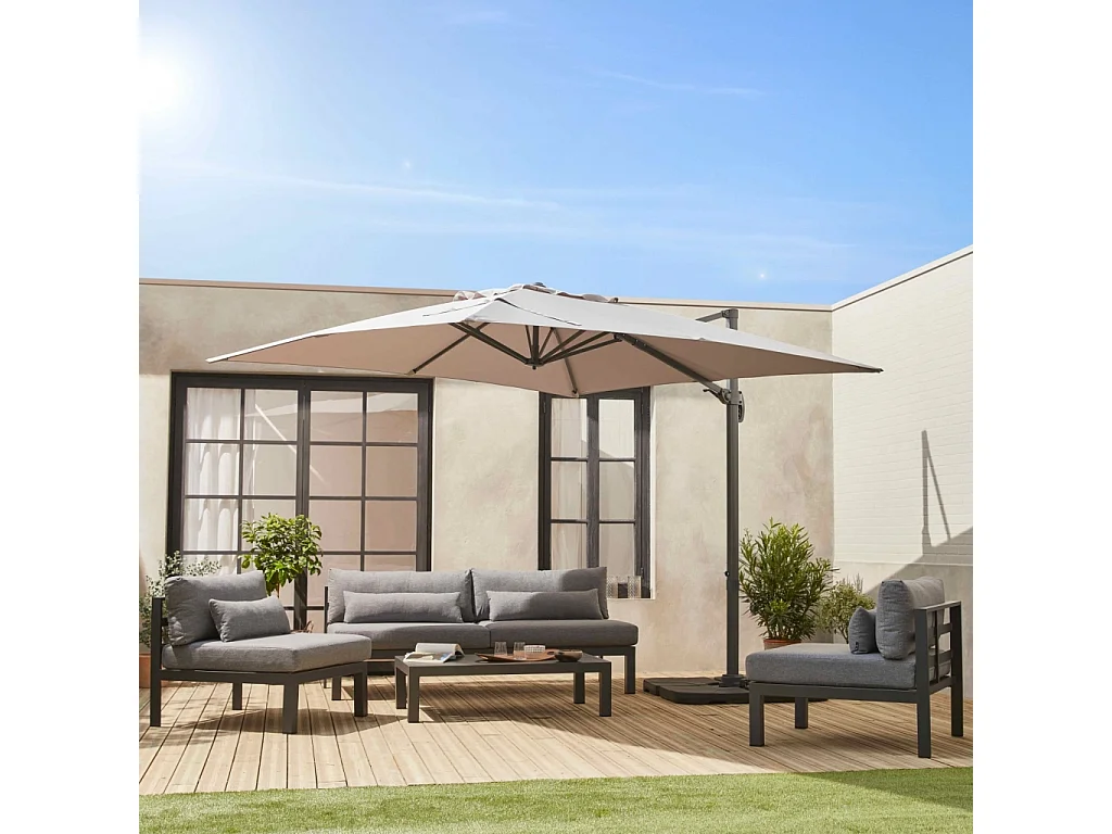 Parasol déporté carré 3x3m haut de gamme - Falgos - beige - Parasol excentré inclinable. rabattable et rotatif à 360°.