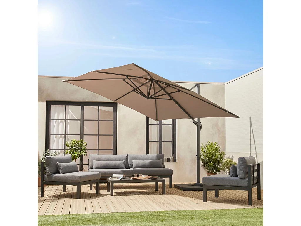 Parasol déporté carré 3x3m haut de gamme - Falgos - beige - Parasol excentré inclinable. rabattable et rotatif à 360°.