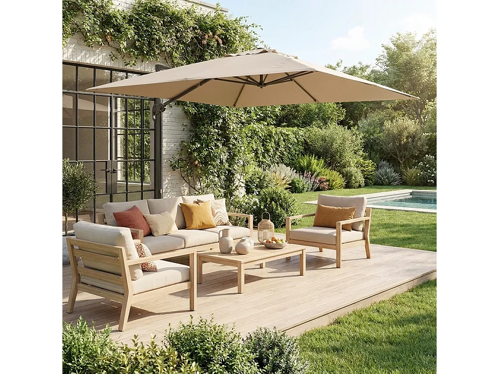 Parasol déporté carré 3x3m haut de gamme - Falgos - beige - Parasol excentré inclinable. rabattable et rotatif à 360°.