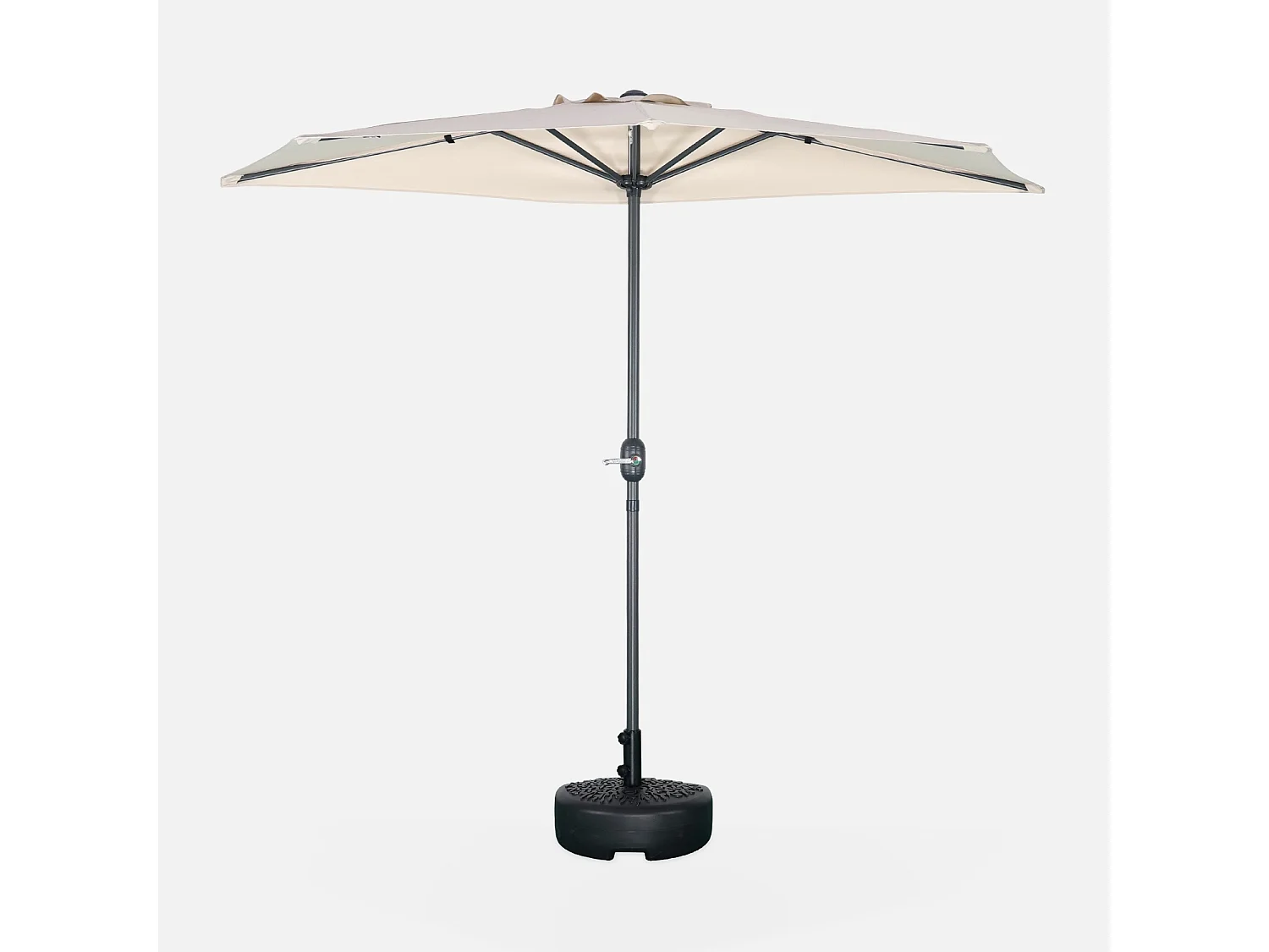 Parasol de balcon Ø250cm  – CALVI – Demi-parasol droit. mât central en aluminium avec manivelle d’ouverture. toile sable