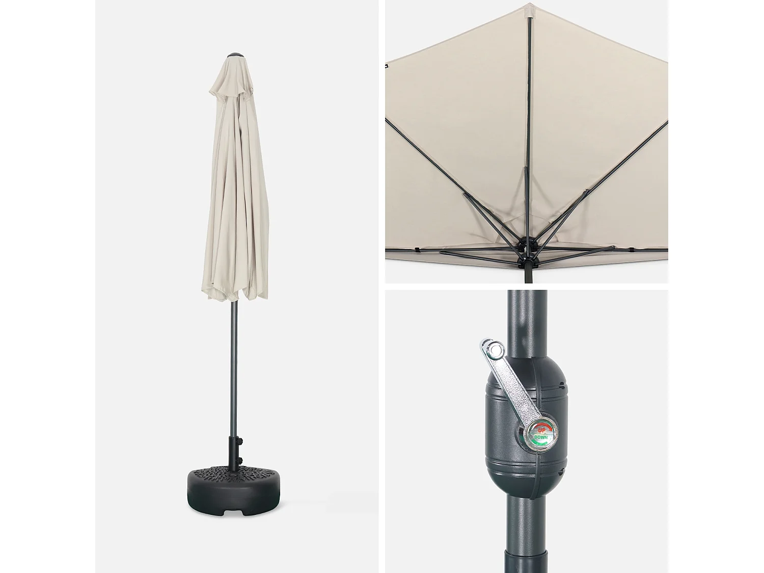 Parasol de balcon Ø250cm  – CALVI – Demi-parasol droit. mât central en aluminium avec manivelle d’ouverture. toile sable