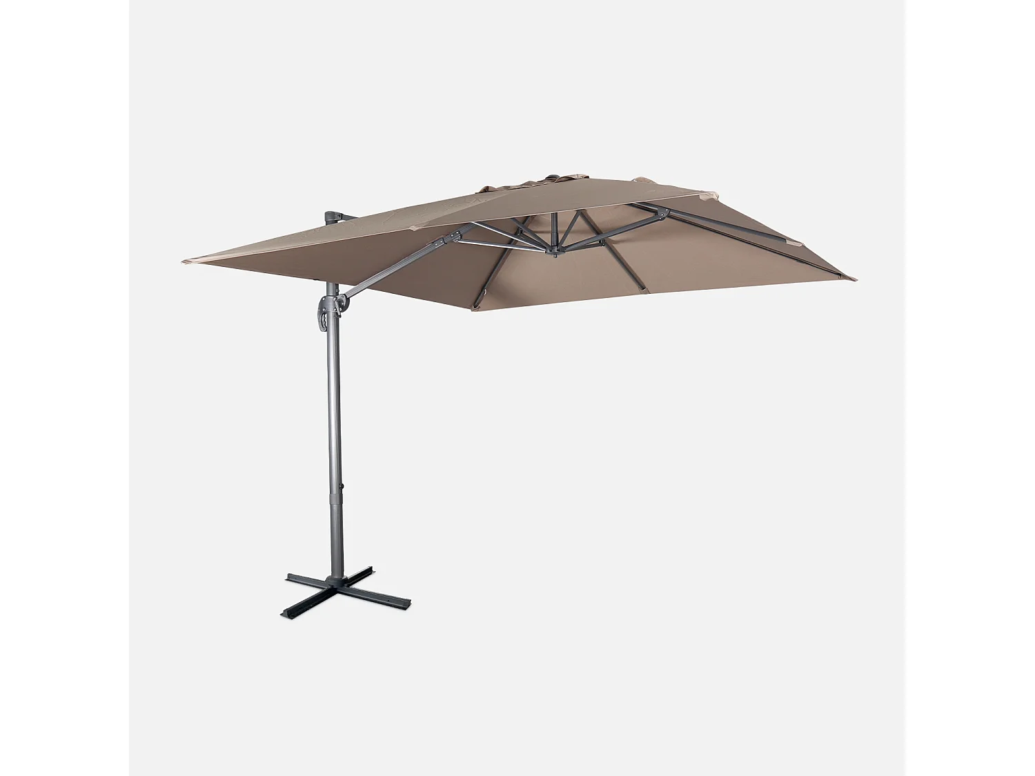 Parasol déporté carré 3x3m haut de gamme - Falgos - Taupe - Parasol excentré inclinable. rabattable et rotatif à 360°.