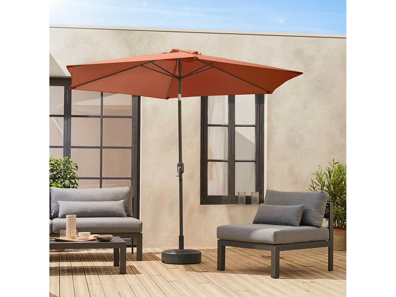 Parasol rectangular poste efecto madera, 3x3m terracota