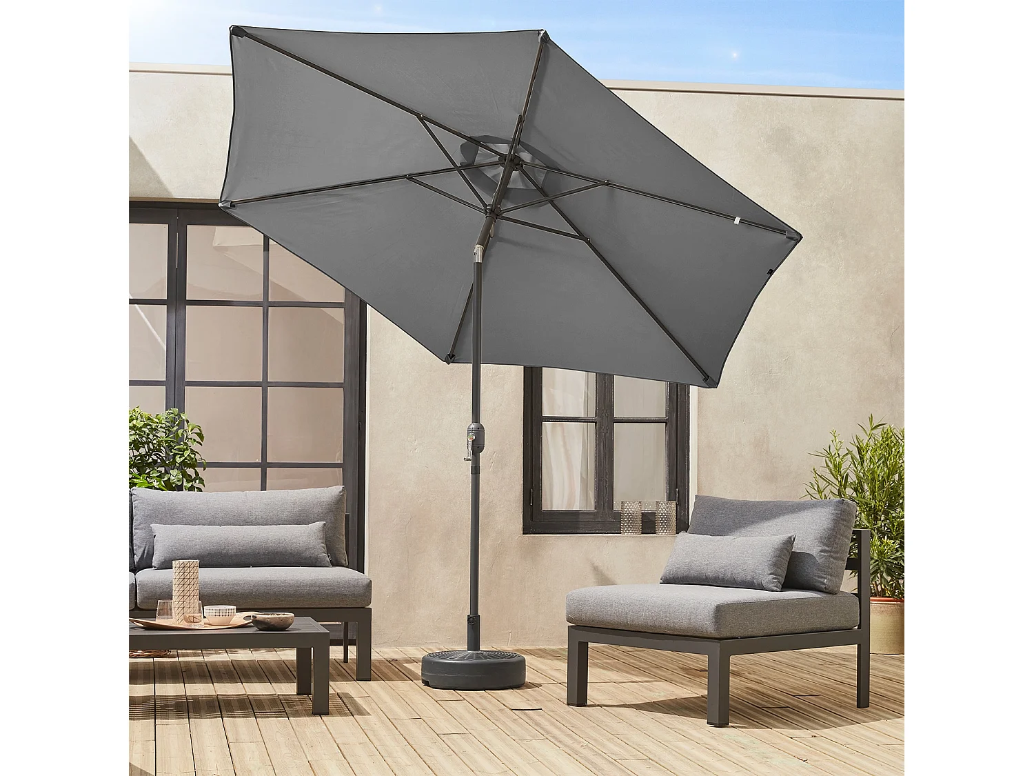 Parasol droit rond Ø300cm - Touquet Gris - mât central en aluminium orientable et manivelle d'ouverture