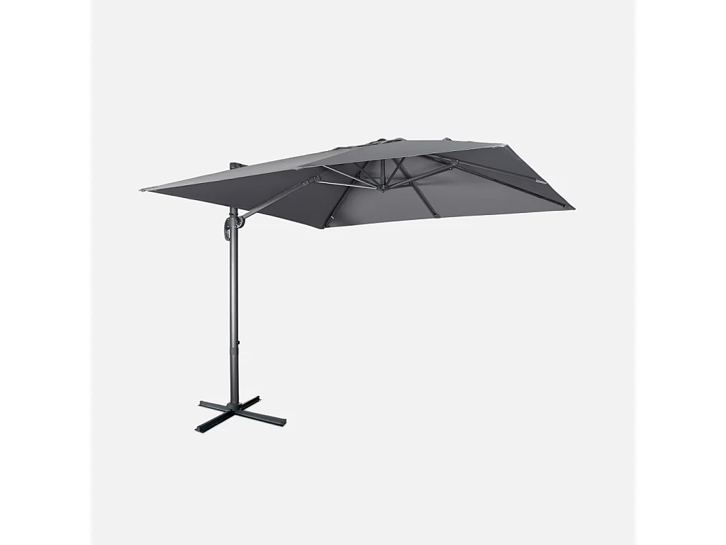 Parasol déporté carré 3x3m haut de gamme - Falgos - gris - Parasol excentré inclinable. rabattable et rotatif à 360°.