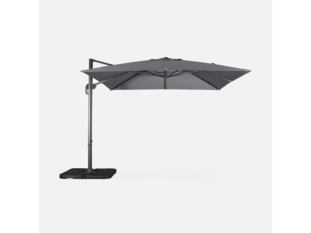 Parasol déporté carré 3x3m haut de gamme - Falgos - gris - Parasol excentré inclinable. rabattable et rotatif à 360°.