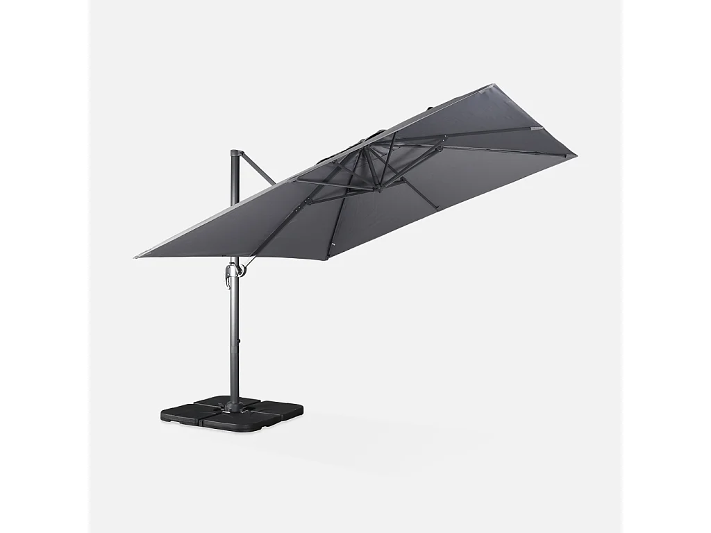 Parasol déporté carré 3x3m haut de gamme - Falgos - gris - Parasol excentré inclinable. rabattable et rotatif à 360°.