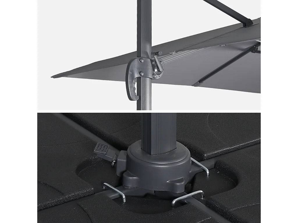 Parasol déporté carré 3x3m haut de gamme - Falgos - gris - Parasol excentré inclinable. rabattable et rotatif à 360°.