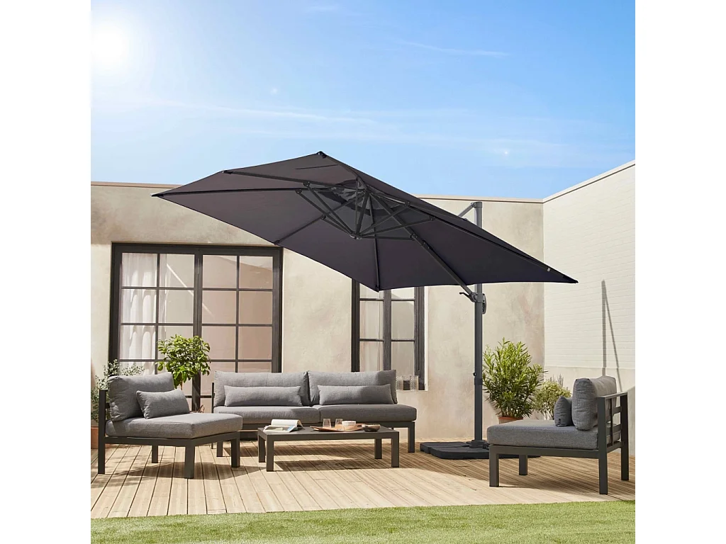 Parasol déporté carré 3x3m haut de gamme - Falgos - gris - Parasol excentré inclinable. rabattable et rotatif à 360°.