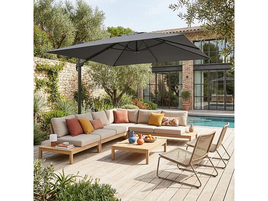 Parasol déporté carré 3x3m haut de gamme - Falgos - gris - Parasol excentré inclinable. rabattable et rotatif à 360°.