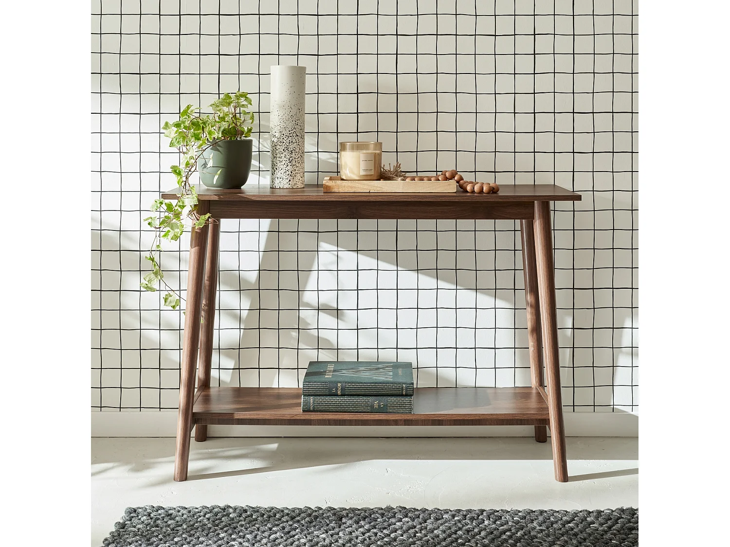 Console scandinave déco bois de noyer. 1 étagère