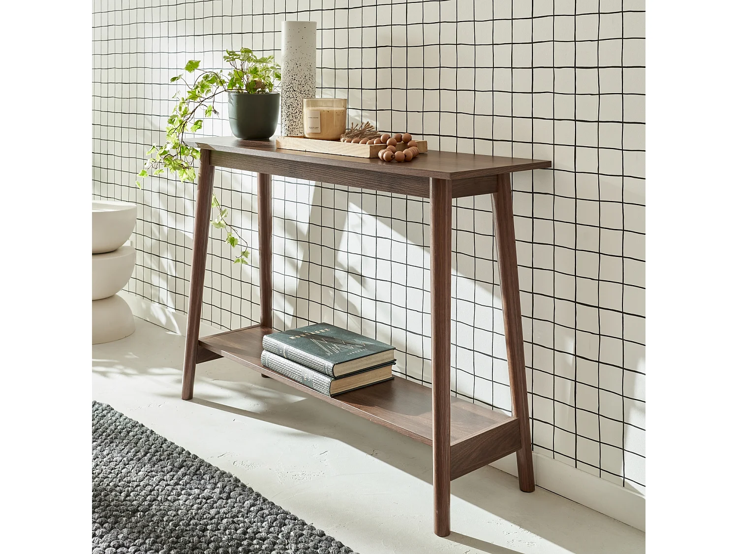 Console scandinave déco bois de noyer. 1 étagère