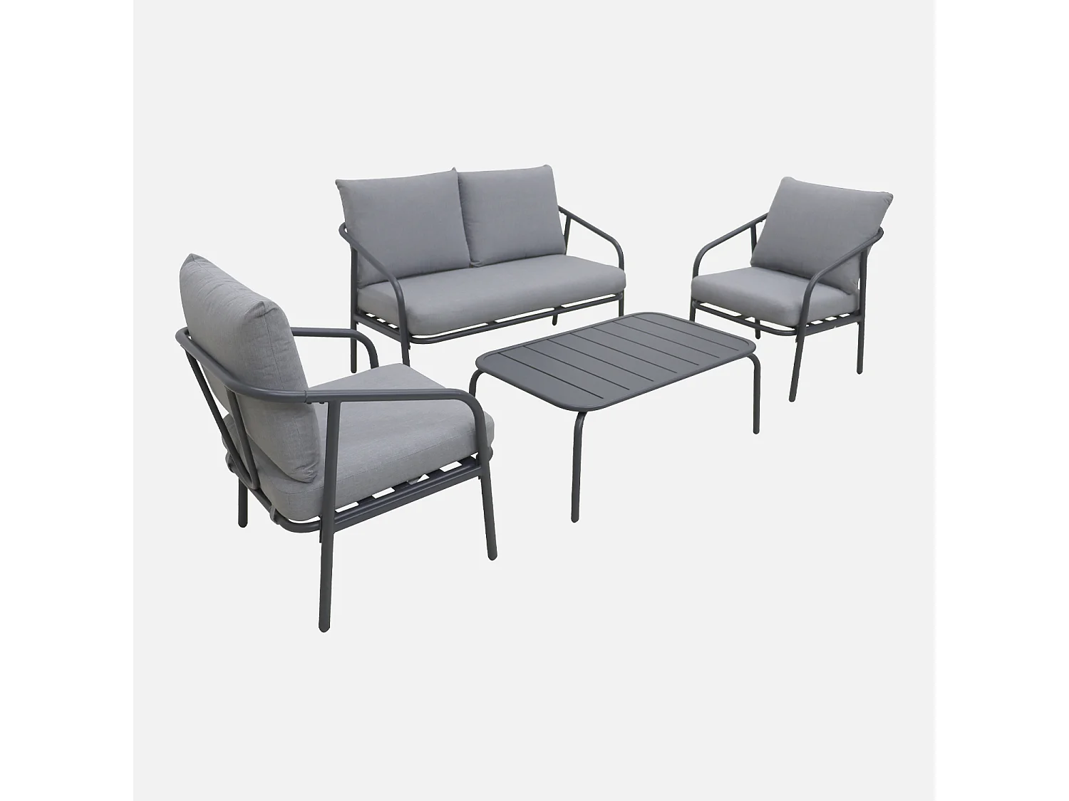 Salon de jardin en métal 4 places anthracite. coussins gris. design épuré arrondi