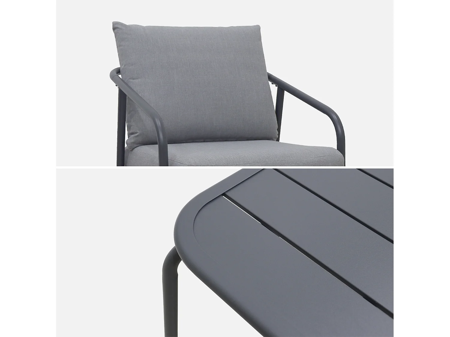 Salon de jardin en métal 4 places anthracite. coussins gris. design épuré arrondi