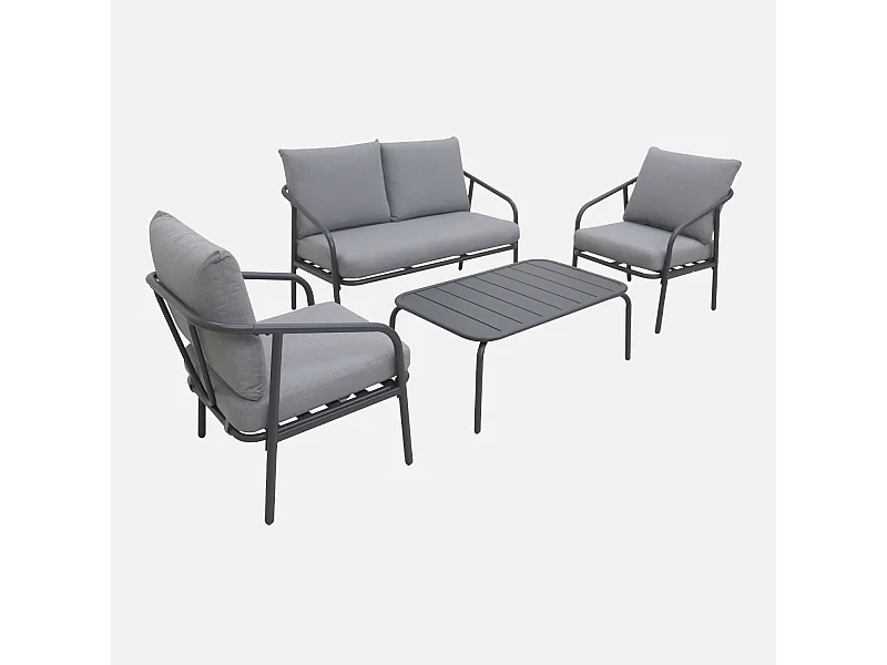 Salon de jardin en métal 4 places anthracite. coussins gris. design épuré arrondi