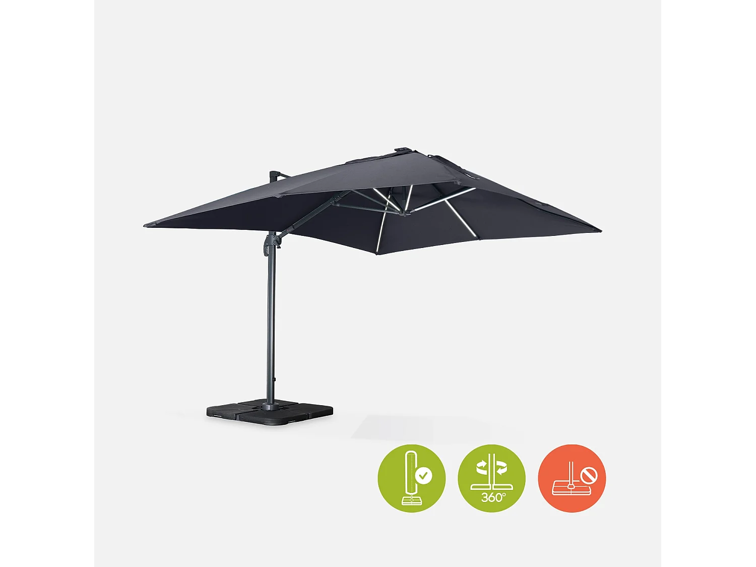 Parasol déporté solaire LED rectangulaire 3x4m haut de gamme - Luce Gris - Parasol excentré inclinable. rabattable et rotatif à 360°. chargeur solaire