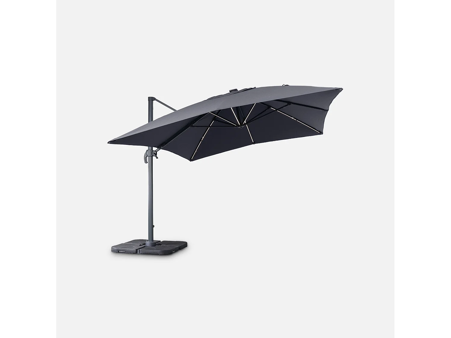 Parasol déporté solaire LED rectangulaire 3x4m haut de gamme - Luce Gris - Parasol excentré inclinable. rabattable et rotatif à 360°. chargeur solaire