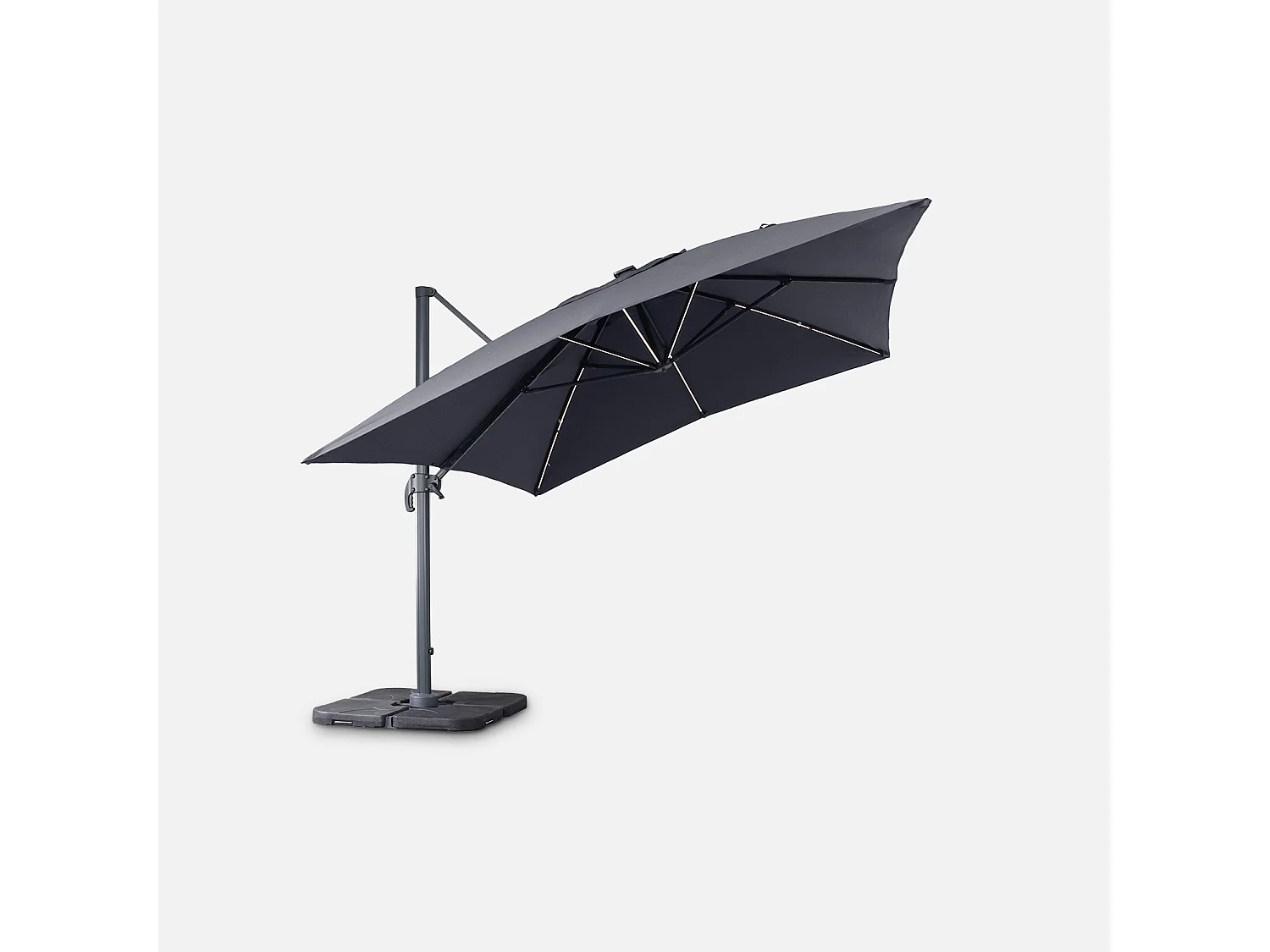 Parasol déporté solaire LED rectangulaire 3x4m haut de gamme - Luce Gris - Parasol excentré inclinable. rabattable et rotatif à 360°. chargeur solaire