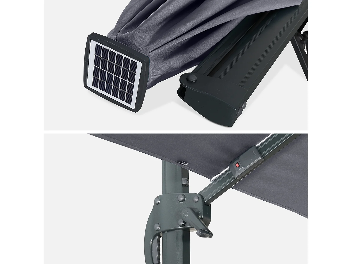 Parasol déporté solaire LED rectangulaire 3x4m haut de gamme - Luce Gris - Parasol excentré inclinable. rabattable et rotatif à 360°. chargeur solaire