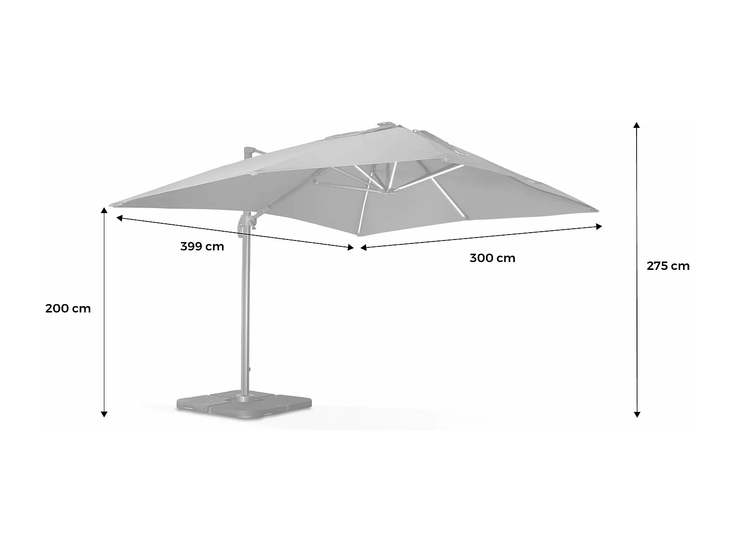 Parasol déporté solaire LED rectangulaire 3x4m haut de gamme - Luce Gris - Parasol excentré inclinable. rabattable et rotatif à 360°. chargeur solaire