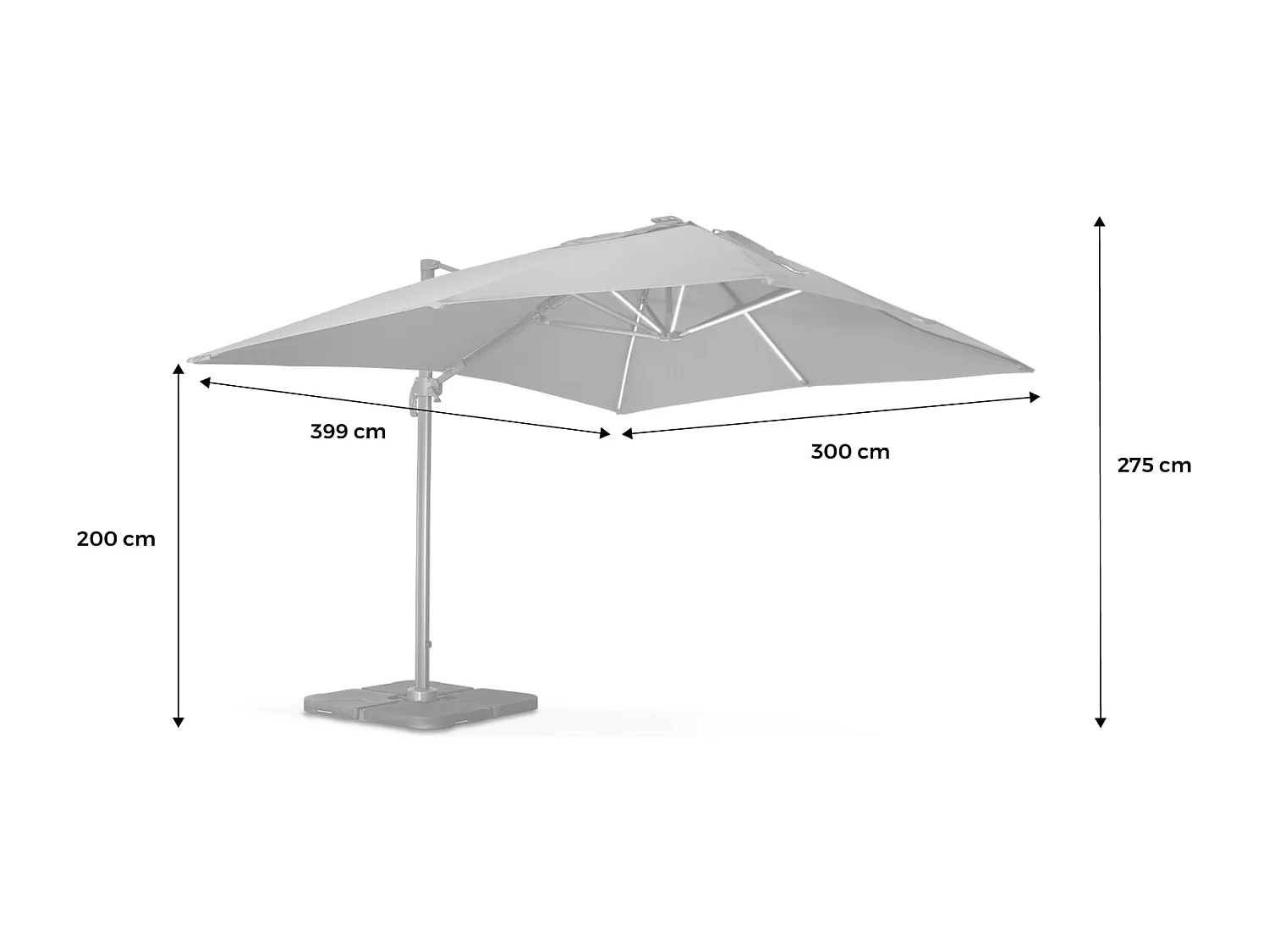 Parasol déporté solaire LED rectangulaire 3x4m haut de gamme - Luce Gris - Parasol excentré inclinable. rabattable et rotatif à 360°. chargeur solaire