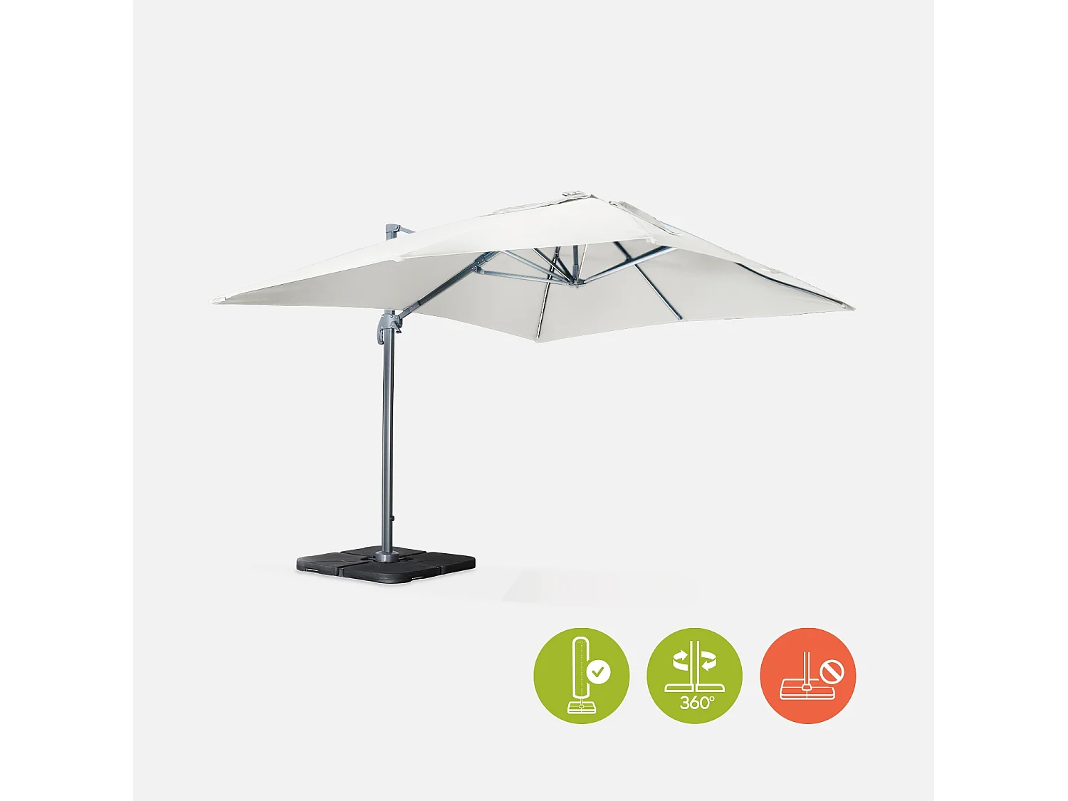 Parasol déporté solaire LED rectangulaire 3x4m haut de gamme - Luce Ecru/Crème - Parasol excentré inclinable. rabattable et rotatif à 360°