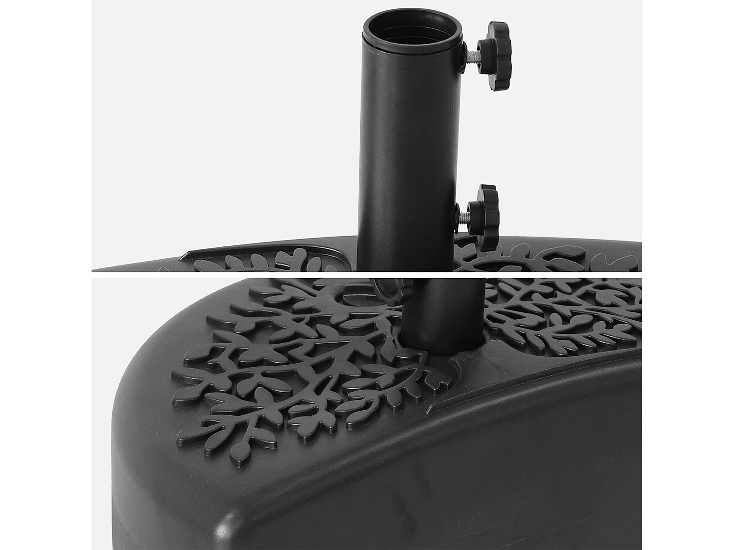 Demi-Pied de parasol plastique – Base remplissable pour demi-parasol. motif feuillage. noir