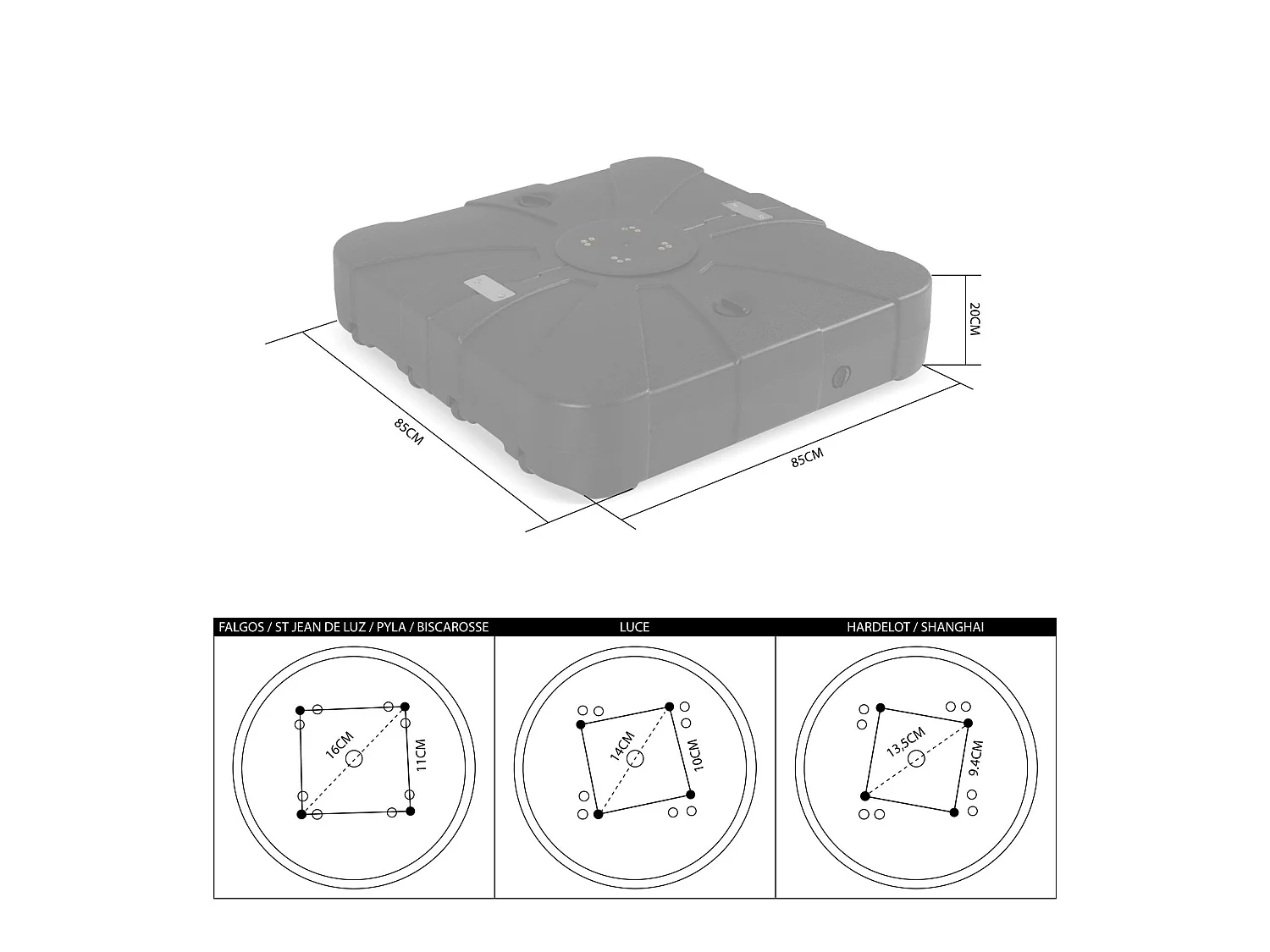 Pied pour parasol déporté remplissable 100L en plastique noir avec roulettes - Base à lester
