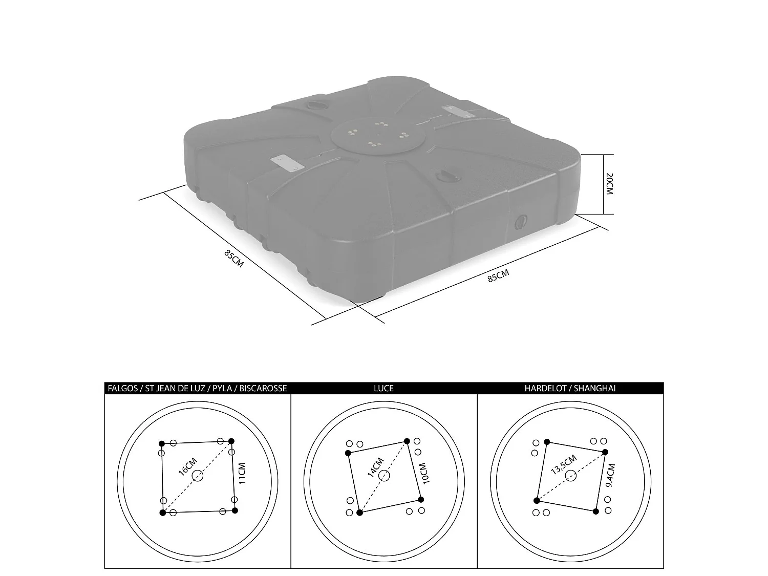 Pied pour parasol déporté remplissable 100L en plastique noir avec roulettes - Base à lester