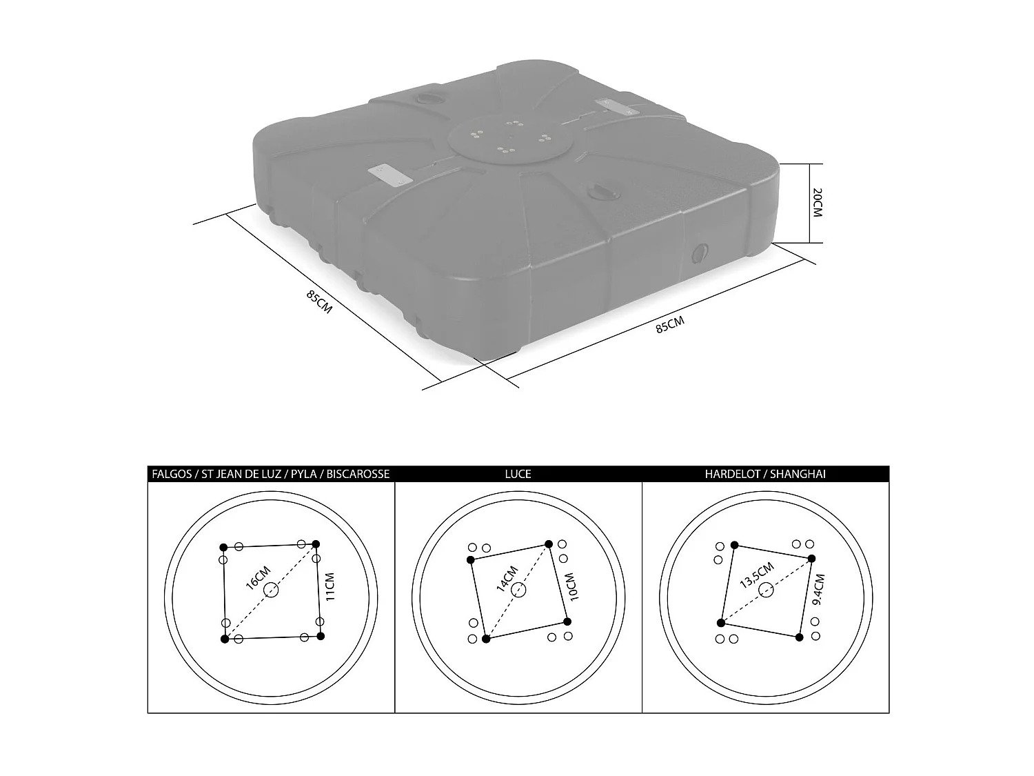 Pied pour parasol déporté remplissable 100L en plastique noir avec roulettes - Base à lester