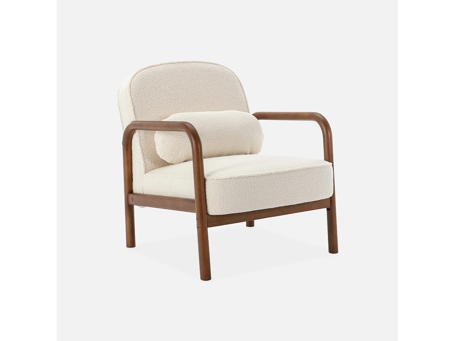 Fauteuil scandinave bois d'hévéa finition noyer clair et dossier arrondi en bouclette crème - AMELIE