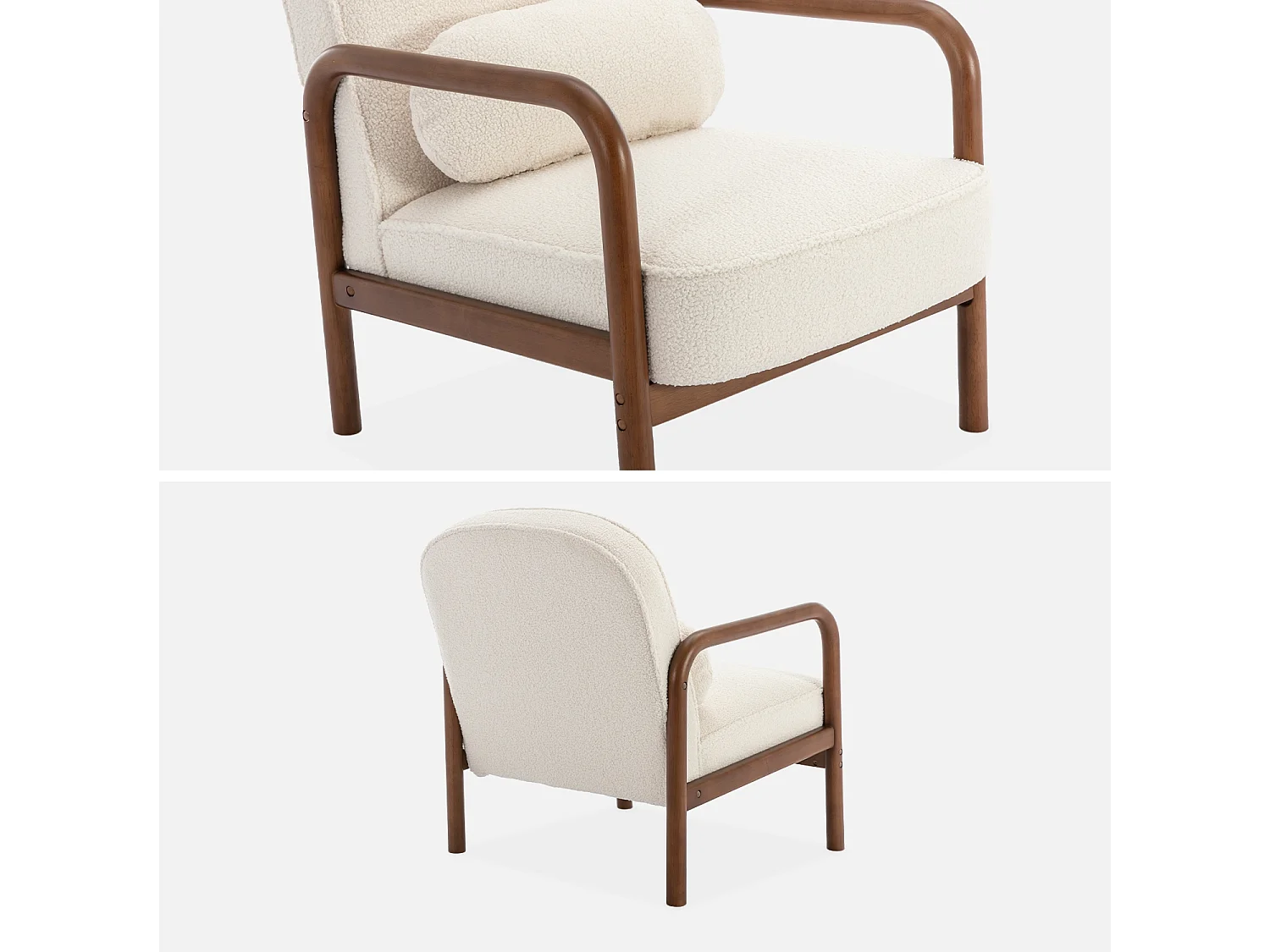 Fauteuil scandinave bois d'hévéa finition noyer clair et dossier arrondi en bouclette crème - AMELIE