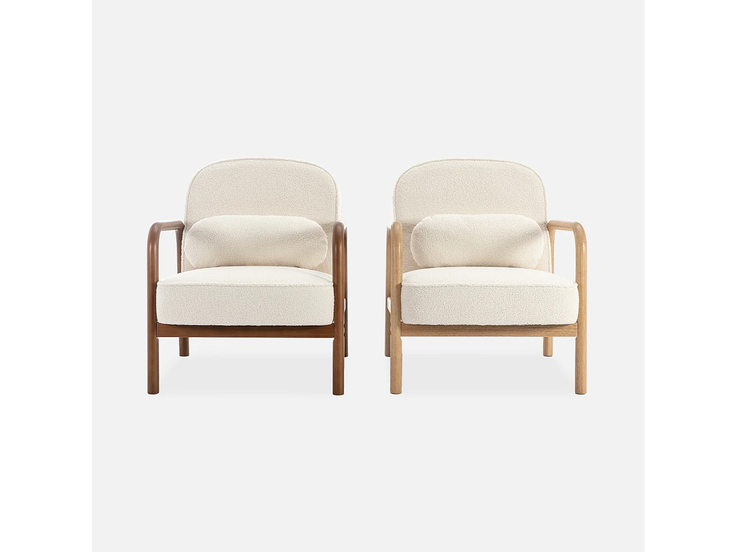 Fauteuil scandinave bois d'hévéa finition noyer clair et dossier arrondi en bouclette crème - AMELIE