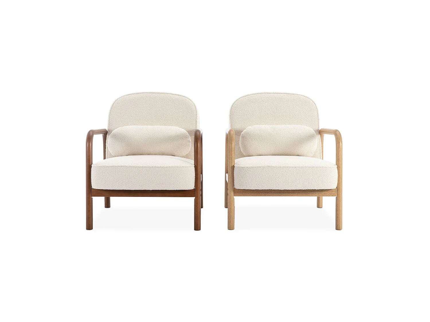 Poltrona scandinava in legno di hevea tinto noce, Amelie bouclé, Crema, 66x82x77 cm