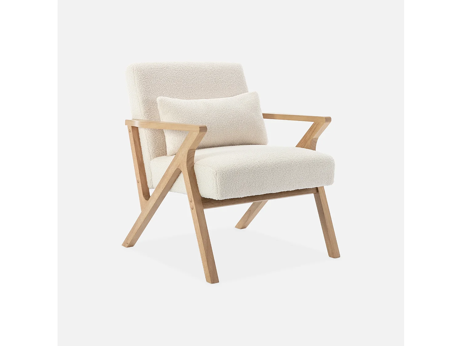 Fauteuil scandinave bois d'hévéa et bouclette crème ANTOINE