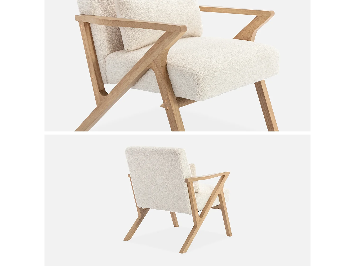 Poltrona scandinava in legno di hevea e bouclé, Antoine bouclé, Crema, 70.5x75x81 cm