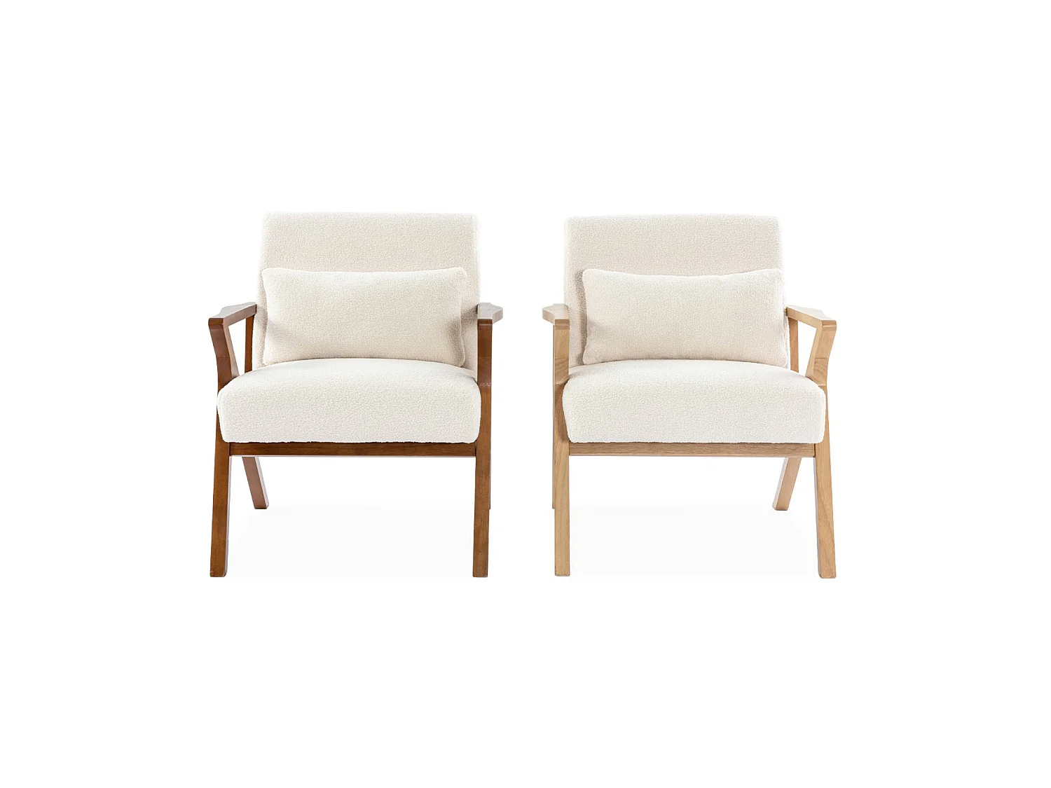 Poltrona scandinava in legno di hevea e bouclé, Antoine bouclé, Crema, 70.5x75x81 cm