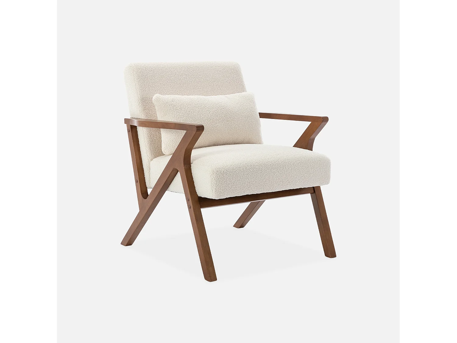 Poltrona scandinava in legno di hevea e bouclé, bianco