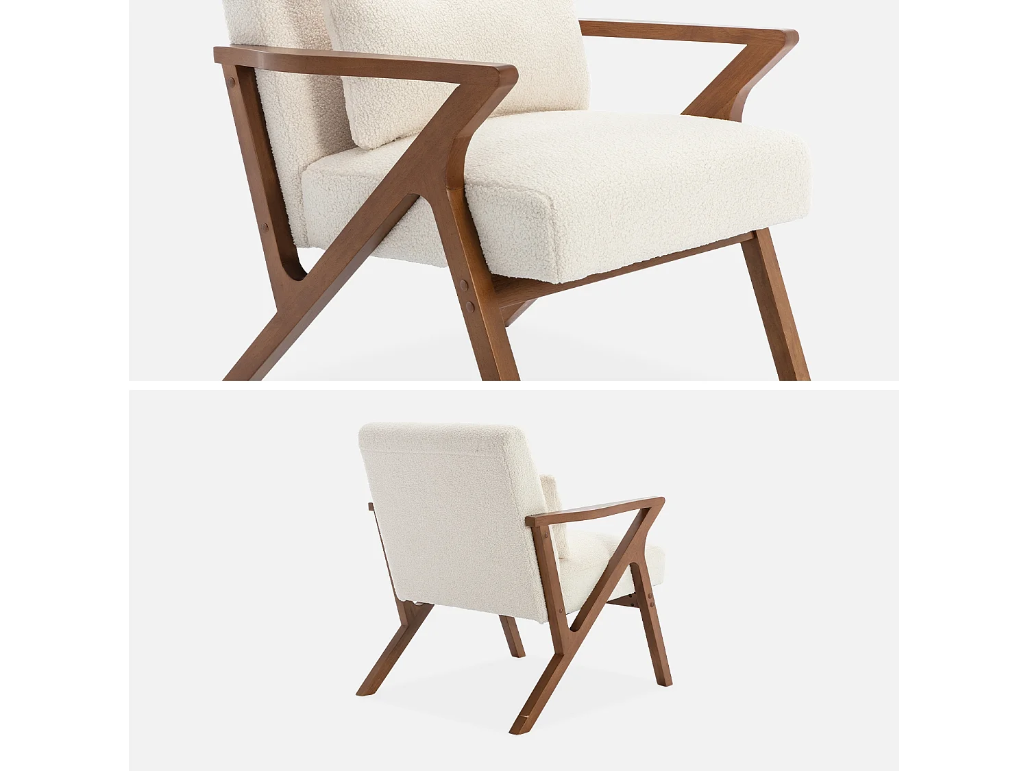 Fauteuil scandinave bois d'hévéa finition teinté noyer clair et bouclette crème ANTOINE